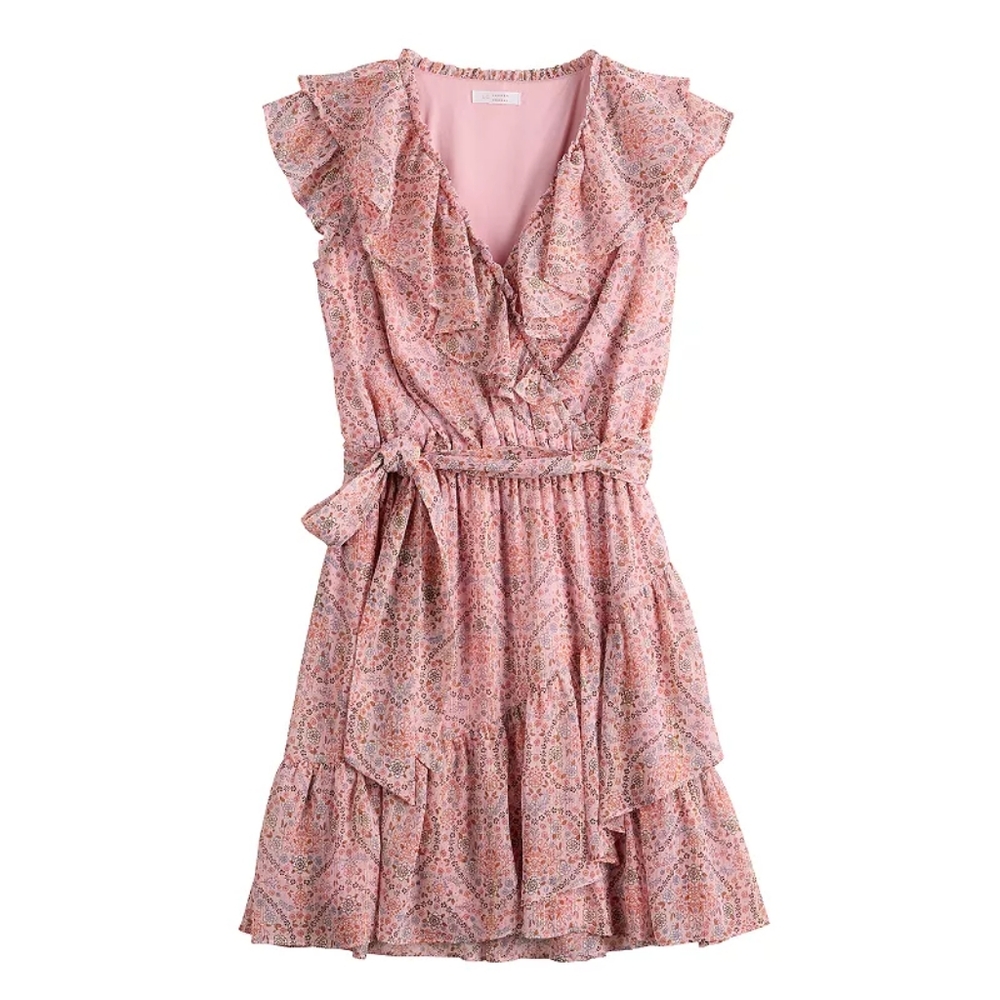 LC Lauren Conrad Ruffle Short Faux Wrap Dress Ditsy Floral Womens L